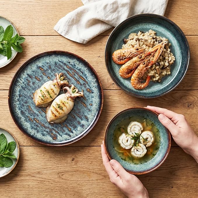 Dinner Set 12 Pieces - Round Reactive Glaze Tableware - Kitchen Dinnerware Porcelain Crockery with Dinner Plate Bowl and Soup Plate Service for 4 Microwave Dishwasher Safe Set (No.4)