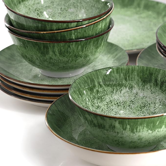 Elama Oceanus 16 Piece Round Shape Porcelain Double Bowl Dinnerware Set Tableware Set Table Setting- Service for 4 (Green)