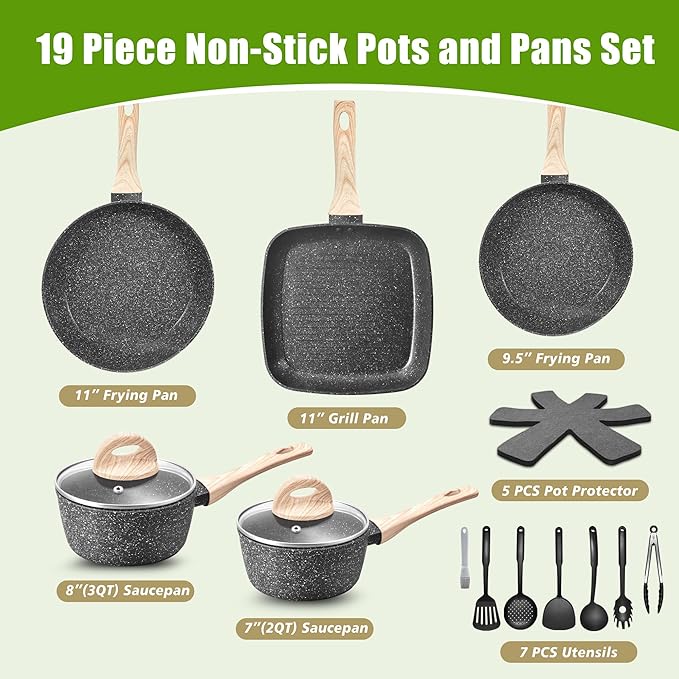 VOTTGO 19 Pcs Pots and Pans Set Non Stick Black Granite Induction Cookware Set Non Toxic Healthy RV Kitchen Cooking Set with Silicone Tools and Pot Protectors PFOA PFOS PFAS Free