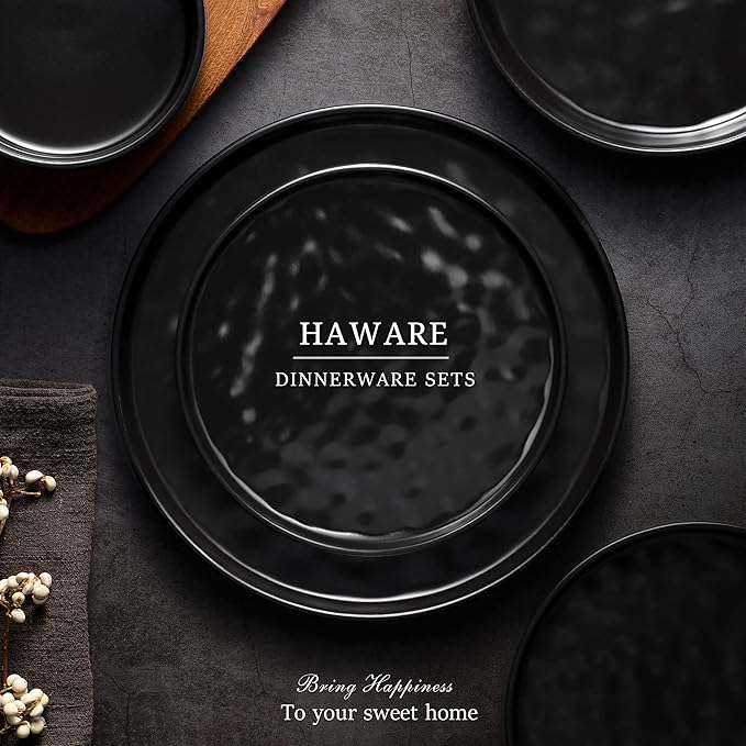 HaWare Dinnerware Sets 18-Piece Plates and Bowls Set Stoneware Dish Set for 6 Ceramic Dinnerware for Home Restaurant Chip and Scratch Resistant Microwave and Dishwasher Safe Matte Black