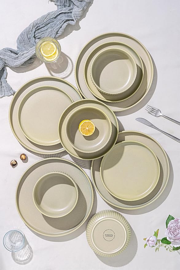 24 Piece Green Dinnerware SetCeramic Plates and Bowls Set for 8 – Calm Dish Set for Soft Gatherings Wellness Homes &amp Easy Eleg