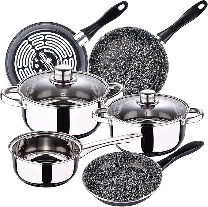 San Ignacio Kitchen Battery 5 Pieces Cassel Stainless Steel with pan Set (18/20/24 cm) MAGEFESA K2 Gransasso in enameled Steel