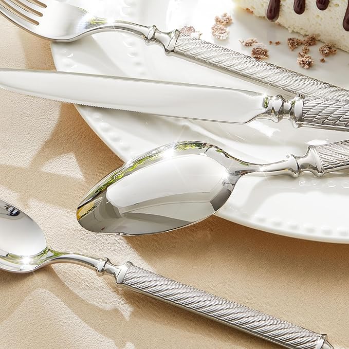 KINGSTONE Retro Rope-Pattern Silverware Set 60-Piece Flatware Set Cutlery Set Forged with Handcrafted Texture Handles 18/10 Stainless Steel Dishwasher Safe