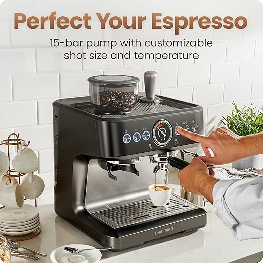 Chefman Crema Deluxe Espresso Machine with Double Boiler Use Milk Frother and Brew Espresso Simultaneously Professional Coffee Maker with Coffee Grinder and Steam Wand 30 Grind Settings