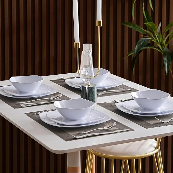 Melamine Dinnerware Sets Square Dinnerware Sets White Color Plates and Bowls Sets for 4 Unbreakable Dishwasher Safe BPA Free