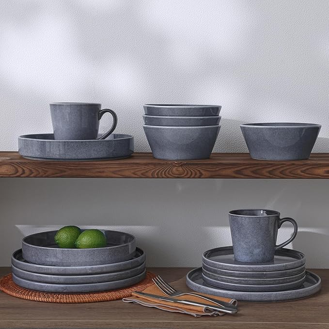 Famiware Annecy Dinner Plates and Bowls Sets Stoneware Dinnerware Sets Dishes Set for 6 18 Pieces Handmade Dishware Set - Microwave &amp Dishwasher Safe Double Reactive Glaze Tableware Misty-Blu