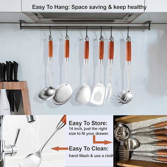 Kitchen Utensils Set Stainless Steel with Wooden HandleMetal Cooking Utensils Set 12 PCSSpatulasLadleSkimmerTunnersSpaghetti SpoonForkPotato MasherEgg WhiskTongs