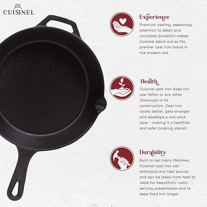 Cuisinel 6+8+10+12-Inch Cast Iron Skillets Set + Glass Lids + Silicone Handle Grips - Pre-Seasoned Frying Pan - Oven Cookware - Use Indoor/Outdoor Grill Stovetop Fire Camping Kitchen