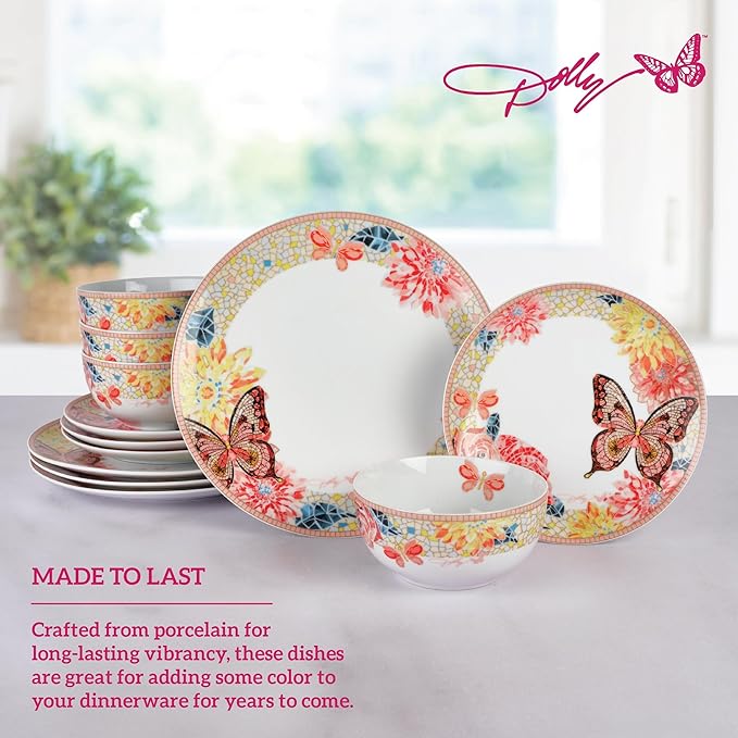 Dolly Parton 12 Piece Jeweled Mosaic Butterfly Dinnerware Set Porcelain Dinner Plates Salad Plates Bowls Service for 4 Microwave Dishwasher Safe