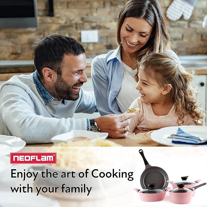 Neoflam Eela 8-Piece Pink Ceramic Nonstick Chef Cookware with Glass Lid Kitchen Pot and Pan Cooking Set Ceramic Coating Easy to Clean Great Gift for Kitchen Made in Korea