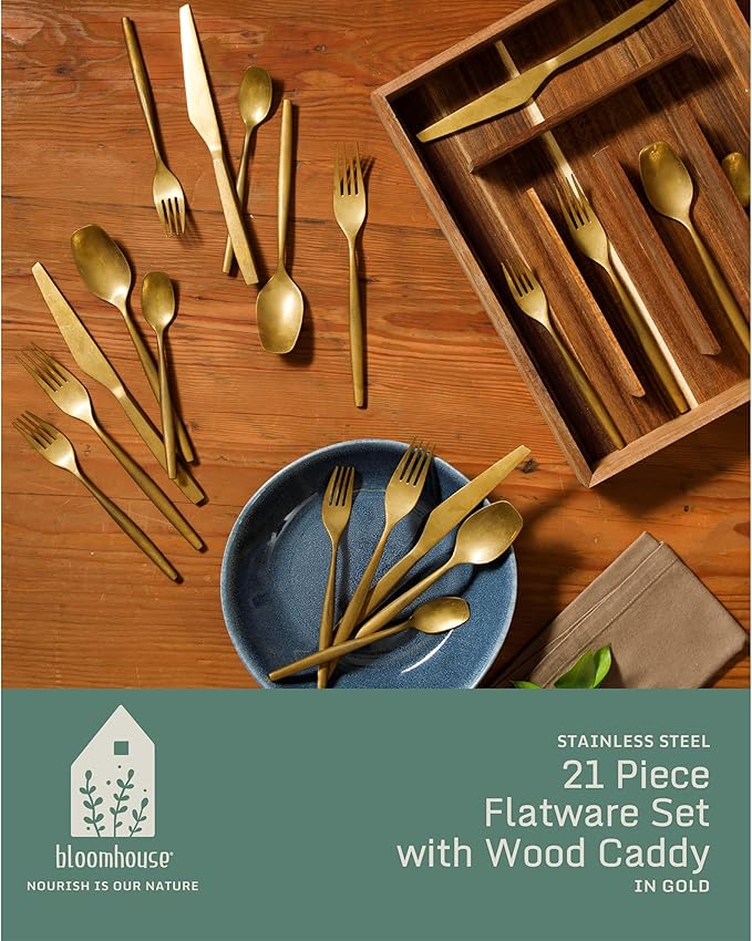 Bloomhouse - Two Time Oprah's Favorite Things Winner - 20 Piece Stone Washed Gold Flatware 18/10 Stainless Steel Silverware Cutlery Utensil Set With Acacia Wood Caddy - Service for 4