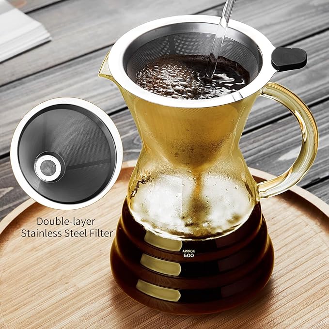 Unbreakable - Pour Over Coffee Maker with Permanent Stainless Filter 27 fl oz Thickened Heat-Resistant Borosilicate Glass Dripper Coffee Brewer Stovetop Safe