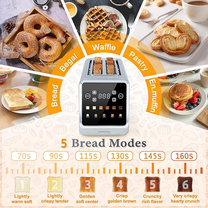 Long Slot Toaster 4 Slice Touch Screen LED Display 1.5” Extra Wide Slots for Thick Bread &amp Bagels Countdown Timer Memory Function Dual Independent Control 6 Shade Settings Stainless Steel