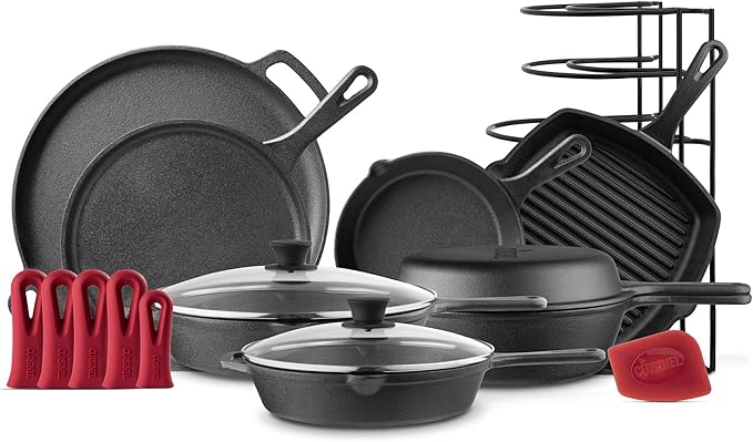 Cuisinel Cast Iron Cookware Set - Complete Pre-Seasoned Kit - 8 Skillet + 10+12 Skillets with Glass Lid + Grill Pan + Multi-Cooker/Dutch Oven + Flat Griddle + Pizza Pan + Pan Rack Organizer