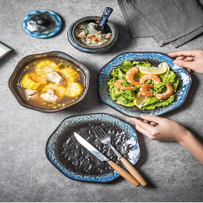 Table Service Crockery SetStoneware Dinnerware Sets - 18 Pcs Dish Set Tableware Combination Set Service for 4 Serveware Set Ceramic Dinner Plates Salad Plat