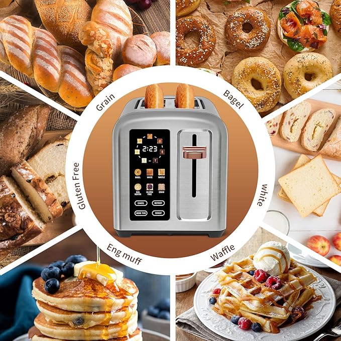 SEEDEEM Toaster 2 Slice Touch Control Stainless Toaster LCD Display 50% Faster Heating Speed 1.4'' Wide Slots More Timer Functions Removable Crumb Tray 1350W Silver White