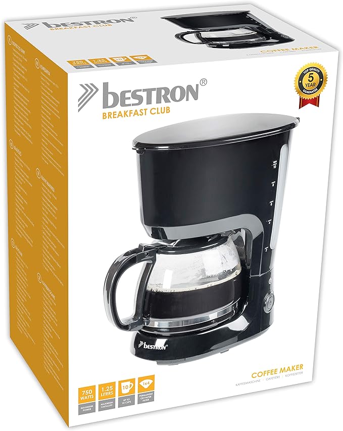 Bestron Coffee Maker with Hot Plate Ground Filter Coffee 10 Cups 750 Watts Black