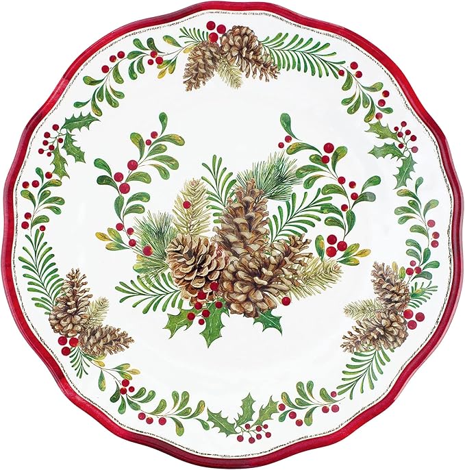 UPware 12 Piece Pinecones Melamine Dinnerware Sets Outdoor Dishes Set Plates and Bowls Sets Christmas Decorations Service for 4 Red