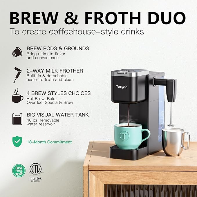 Single Serve Coffee Maker with Built-in Detachable Milk Frother Iced and Hot Coffee Machine for K Cup &amp Grounds 40oz Removable Water Reservoir 6 Cup Sizes Fits 7.3 Travel Mug Black