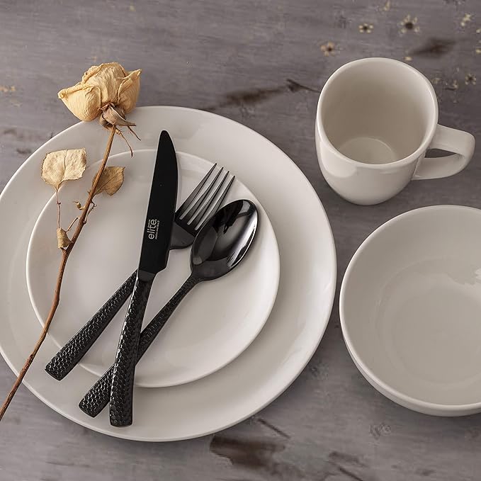 Gibson Home Oslo 8-Piece Dinner Plate Set – Porcelain Chip &amp Scratch Resistant White with Black Rim – Modern Round Plates for Everyday Use &amp Entertaining