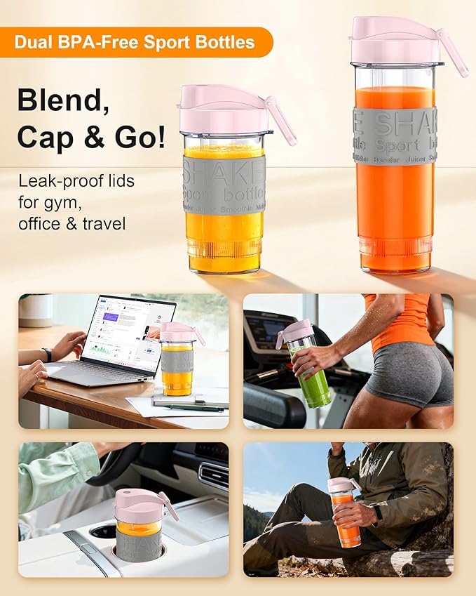 Smoothie Blender 650W Personal Blenders for Shakes and Smoothies with Grinder Cup &amp 2 BPA-Free Portable Cups (20oz+14oz) Portable Blender for Juices Smoothies Maker for Kitchen Pink