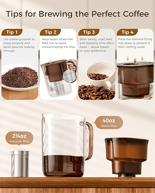 Waterdrop Cold Brew Coffee Maker with 1 Magnesium Water Filter for Well-Balanced Acidity Unlocks Aroma BPA-Free Cold Brew Pitcher Stainless Steel Filter for Iced Coffee Tea Lemonade Brown