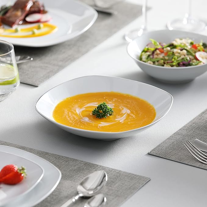 MALACASA Dinnerware Sets 24 Piece Porcelain Square Dishes White with Silver Rim Plates and Bowls Sets Ceramic Dish Set for 6 Chip Resistant Dishware Sets Series ELISA