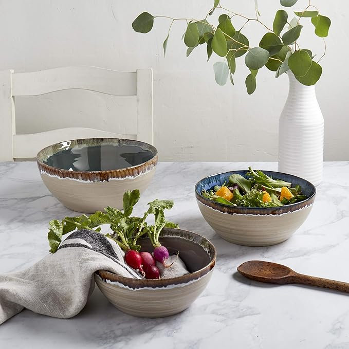 Tabletops Gallery Tuscan Reactive Glaze Stoneware- Platter Serving Bowl Mixing Bowl Mug Tuscan 3 Piece Serving Bowl Set (Blue Green and Brown)