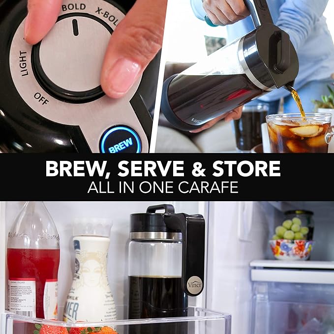 VINCI Express Cold Brew Electric Cold Brew Coffee Maker in 10 minutes Glass Carafe 3 Brew Strength Settings &amp Cleaning Cycle Easy to Use &amp Clean Cold Brewer for Iced Coffee 1.4 L Dial Co