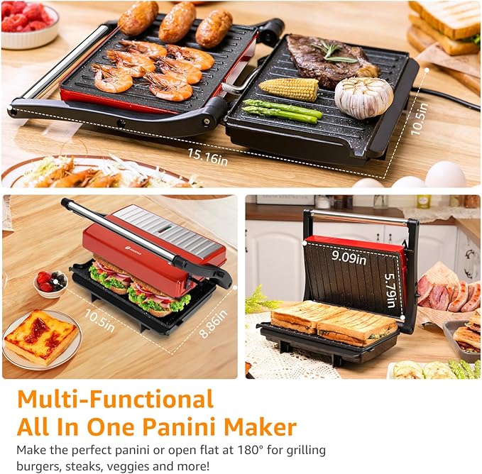 Aigostar Toaster 2 Slice Retro Extra-Wide Slot Toasters and Panini Press Grill Aigostar 1000W Sandwich Maker