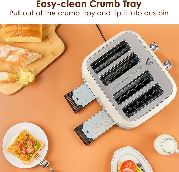 Roter Mond Toaster 4 Slice Retro Stainless Steel with Extra Wide Slots Bagel Defrost Reheat Function Dual Independent Control Panel Removable Crumb Tray 6 Browning Levels Cream White