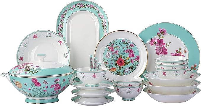 Fine Bone China Dinnerware SetPorcelain&ampCeramic Dinnerware SetsBone Stoneware &amp Ceramic Cookware Tableware Set Includes Dinner Plates|Spoons|Pasta Bowls|Soup Pot|Chopsticks (26PCS * 6-Person