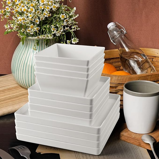 12 Piece Square Melamine Dinnerware Sets for 4 - Plastic Matte White Plates and Bowls Sets Best for Indoor Outdoor Grill Holiday Party Camping BPA-Free Dishwasher Safe