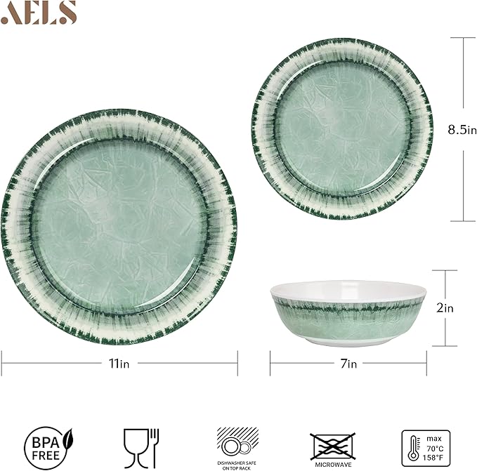 AELS Melamine Dinnerware Set of 12 Pcs Dinner Dishes Set for Indoor and Outdoor Use Dishwasher Safe Lightweight Unbreakable BPA Free Sage Green