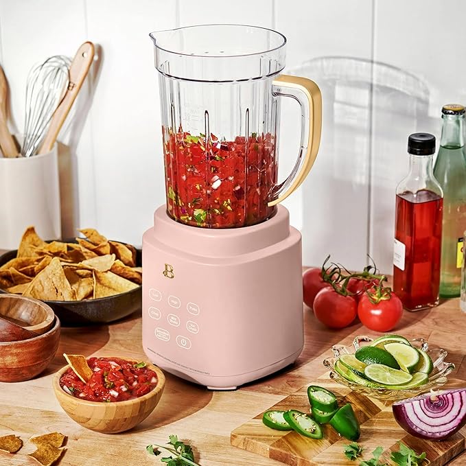 B PowerExact High-Performance 700-Watt Blender by Drew Barrymore 50-Ounce Pitcher Stainless 4-Tip Blade 3 Speeds + 4 Presets Dishwasher-Safe Parts Travel Cup Included (Rose)