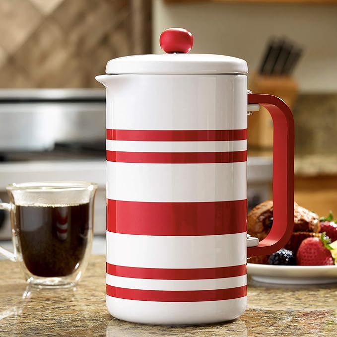 BonJour 47040 Hot Beverage Ceramic French Press Coffee Maker with Flavor Lock Filter and Bamboo Handle - 32 Ounce Red Stripes
