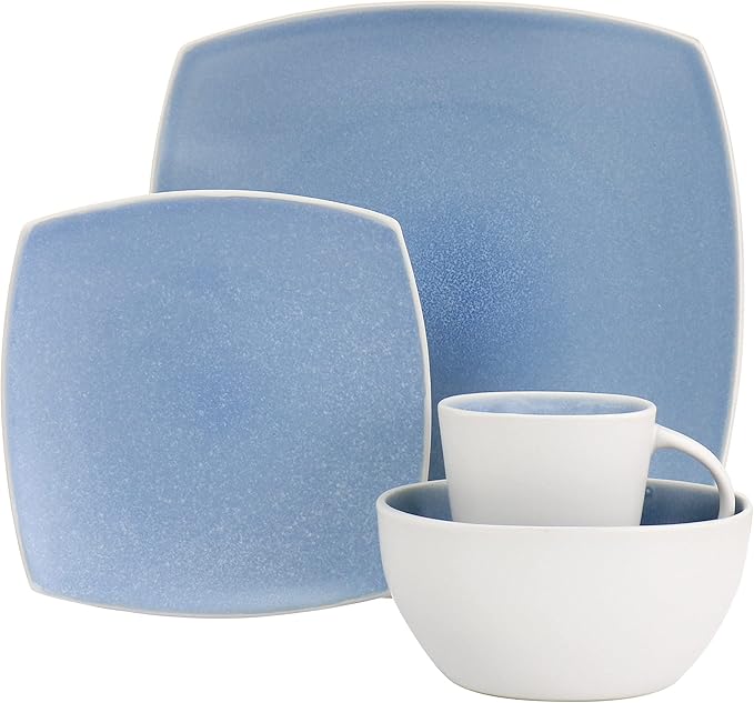 Unknown1 16 Piece Soho Lounge Reactive Glaze Stoneware Dinnerware Set in Light Blue Solid Casual Square Microwave Safe Medium