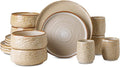 Stone by Mercer Project SHOSAI 16-Piece Stoneware Dinnerware Set Plates and Bowls Set Modern Dishware set fo 4 Sand