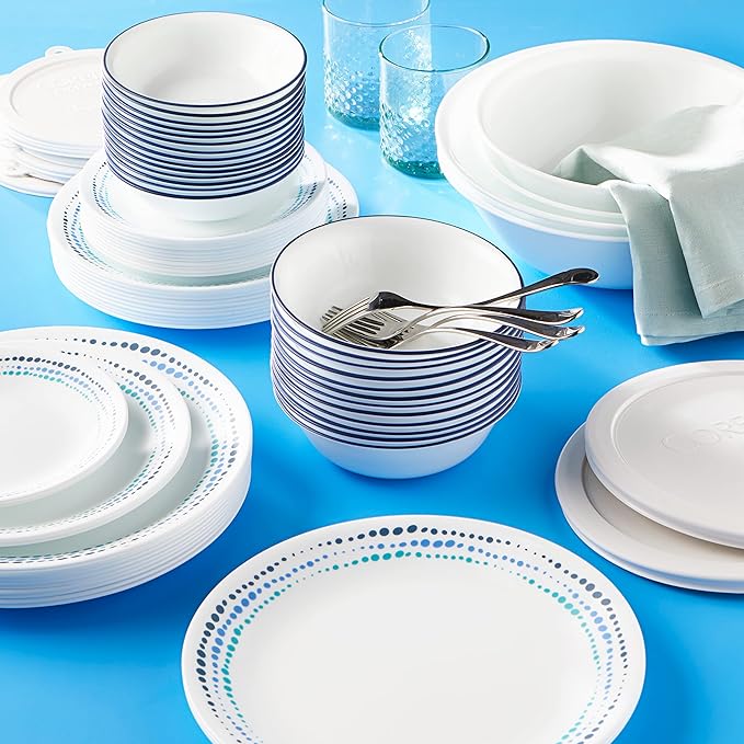 Corelle Dinnerware Set (4pc Set Ocean Blues)-Set for 4 | Includes 4 x Cereal/Soup Bowls | 80% Recycled Glass | 3 X More Durable Half the Space &amp Weight of Traditional Ceramic
