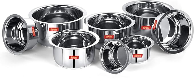 Sumeet Stainless Steel Mini to Big Size Flat Bottom Induction &amp Gas Stove Friendly Tope/Patila/Cookware Set of 8Pcs (370ML 550ML 800ML 1100ML1400ML 1800ML 2300ML 3000ML)