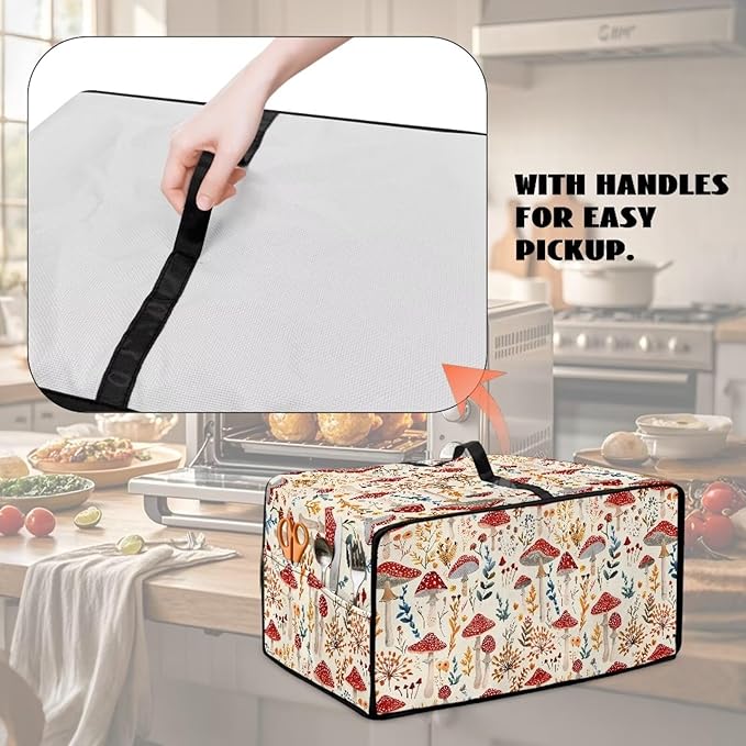 Heat-Resistant Toaster Oven Cover Faux Linen Polyester Appliances Dust Cover for Convection Toaster Oven Air Fryer with Top Handle Side Pockets Red Mushroom