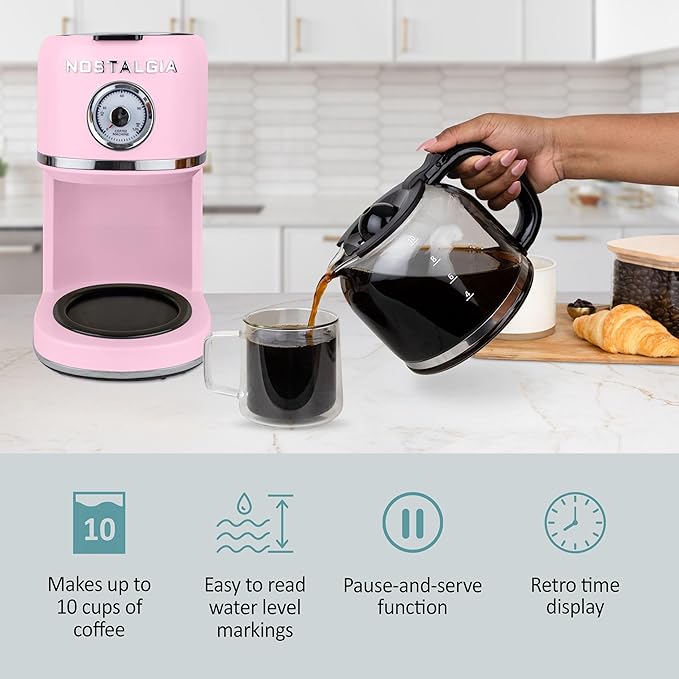 Nostalgia Classic Retro 10 Cup Coffee Maker - One-Touch Drip Brew Reusable Filter - Anti-Drip Auto Shutoff &amp Time Display - Dishwasher Safe 50 oz Carafe - Pink