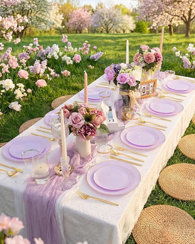 bUCLA 150PCS Purple Plastic Plates - Light Purple and Gold Disposable - Include 25 Each (Dinner &amp Dessert) lavender Plates 25 Knives 25 Forks 25 Spoons &amp 25 Cups for Party Easter &amp Wed