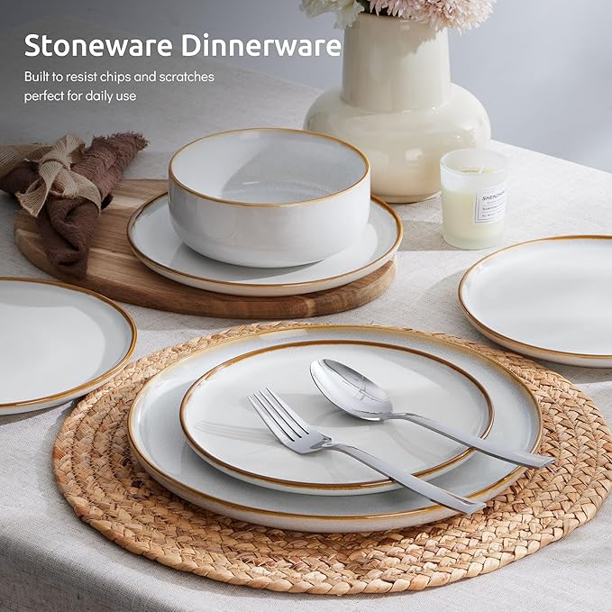 E-far Plates and Bowls Set for 4 and 10.5” Ceramic Dinner Plates Set of 6 Bundle 12-Piece Stoneware Dinnerware Sets Large Reactive Glaze Stoneware Dishes Microwave &amp Dishwasher Safe