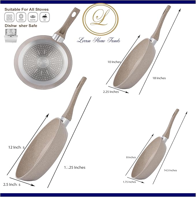 Lorren Home Trends 13-Piece Marble Coated Cookware Set Beige Non-Stick Pots and Pans with Glass Lids Includes 8-12 Inch Frypans Stock Pots Sauce Pot Casserole Pots