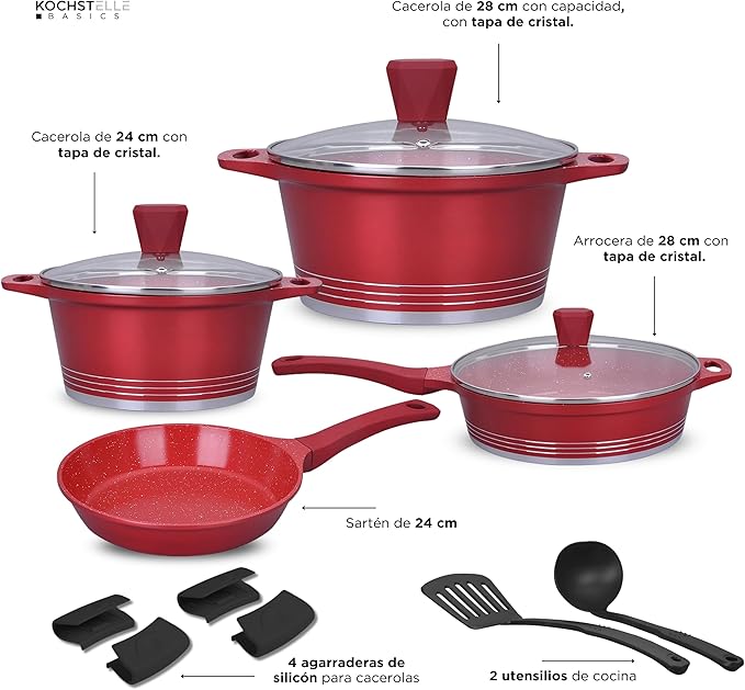Non Stick Cookware Set Marble 13Pieces Black Kochstelle Basics… (Red)