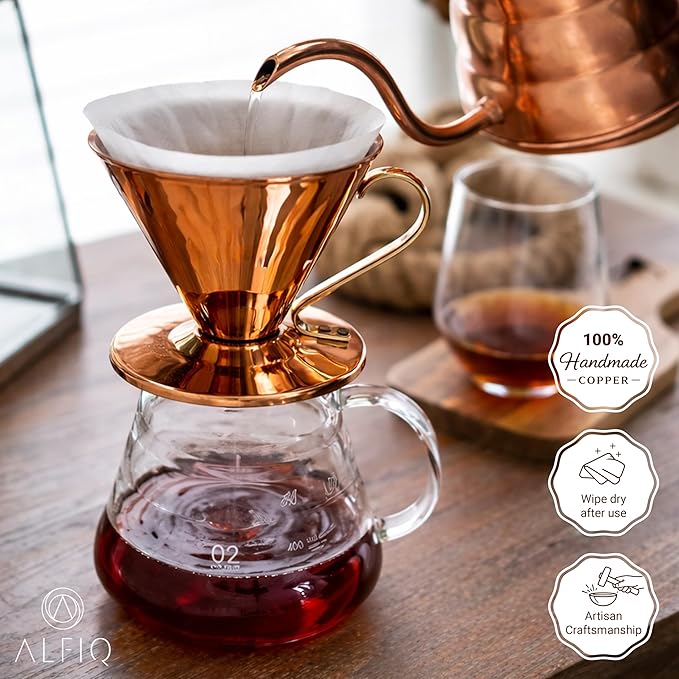 Copper Pour Over Coffee Dripper 0.35L Single Cup Manual Brewer Reusable Metal Filter Cone for Cafe Quality Brew Premium Handcrafted Drip Maker
