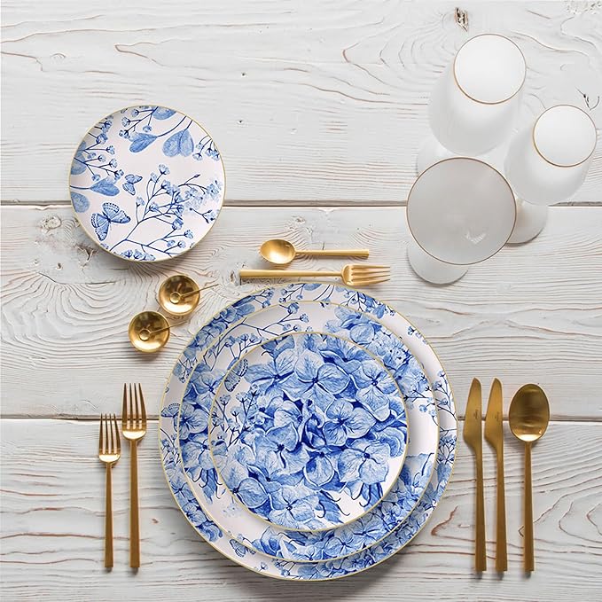bone china dinnerware sets for 4 kitchen dishes set tableware set for dining include 6.5&amp8&amp10.5&amp12 inch plate European blue hydrangea flower