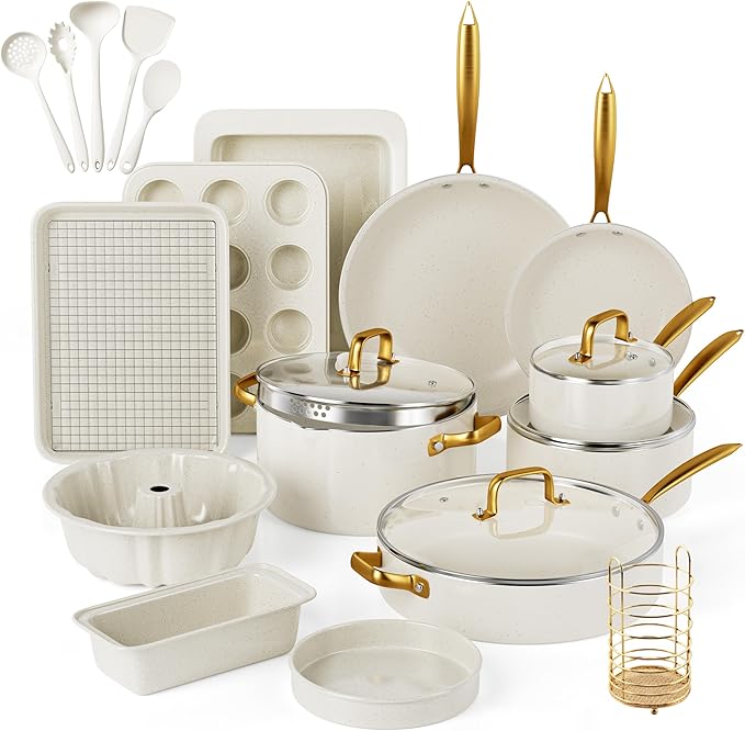 Pots and Pans Set Nonstick - Granite Cookware + Bakeware Set Kitchen Cookware Sets With Dutch Oven Frying Pans Saucepan Sauté Pan Silicone Utensils Cookie Sheet Baking Pan Set for Cooking Gifts