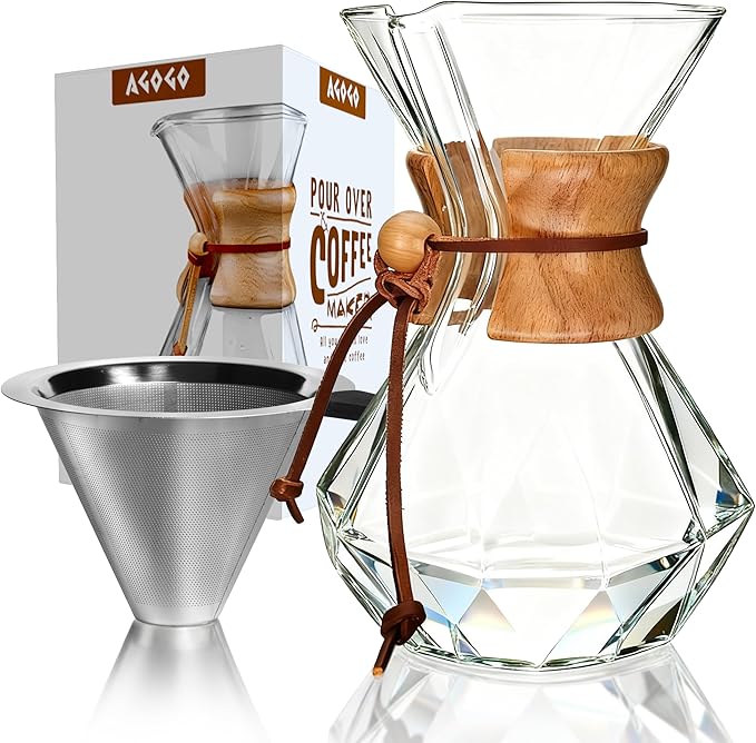 AGOGO Pour Over Coffee Maker Glass - 8 Cup Barista Kit with 304 Stainless Filter for Home Office Camping Cafes - Easy Clean Coffee Dripper Set (Towel&ampBrush Included) (8 Cup/28 oz-Diamond Shape)